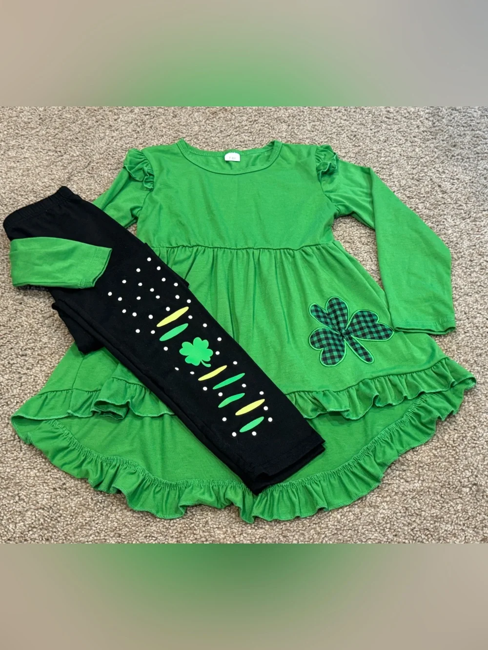 Girls Green Shamrock Ruffle Tunic & Black Leggings Matching Set Sz 7-8Y (7)